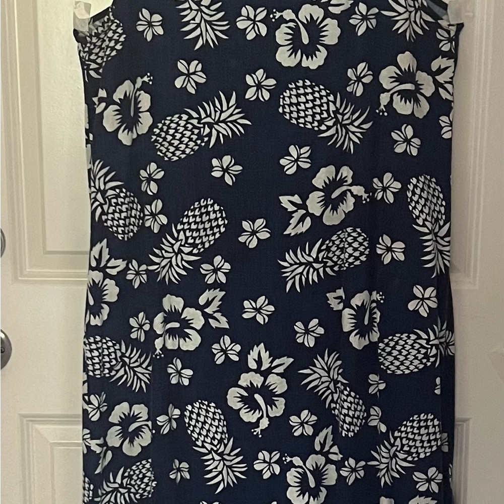 Vintage formal length Hawaiian dress navy blue print/hibiscus/pineapple fabric